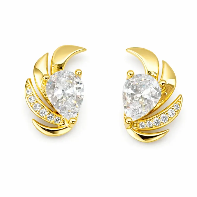 Brinco Leque Gota de Zirconia Banhado a Ouro 18k