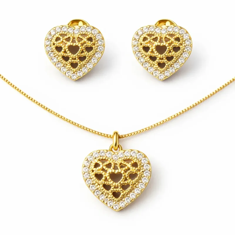 Conjunto 3 Corações Cravejados Zircônia Colar 45Cm+Brincos