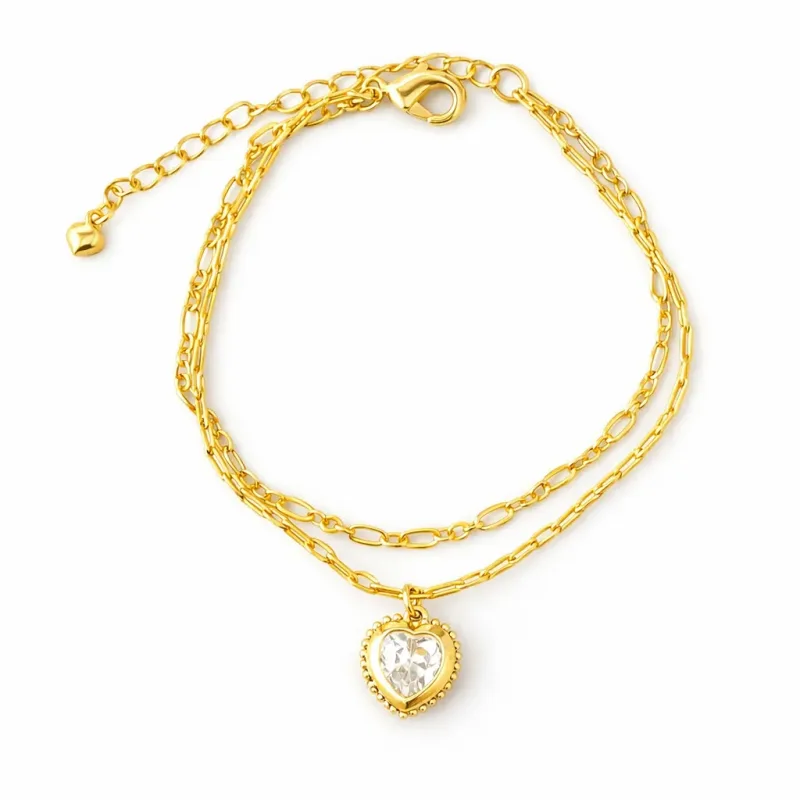 Pulseira Dupla Coração Zircônia 17cm+6cm extensor