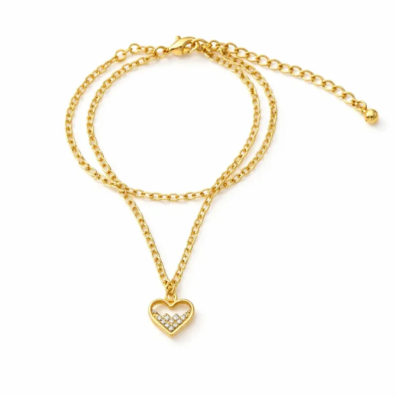 Pulseira Dupla Meio Coração Cravejado 17cm+5cm extensor