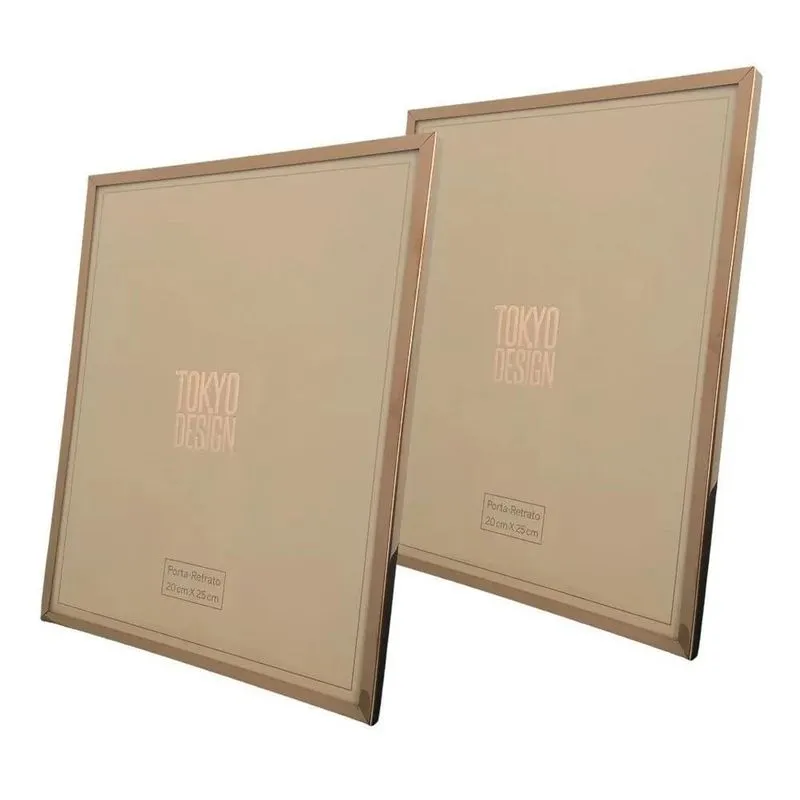 Kit 2 Porta Retratos 20x25 Aço Inox Moldura Rose Gold