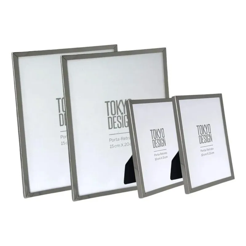 Conjunto De 4 Porta Retratos Aço Inox Moldura 10x15 Prateado