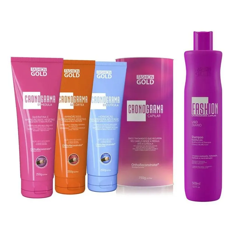 10x Kit Cronograma Capilar + Shampoo 500ml Fashion Gold
