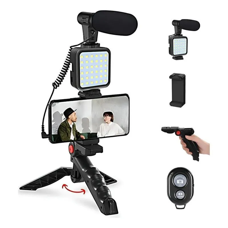 Kit Youtuber Vlog Live Tripé Suporte Celular Led Cont Preto