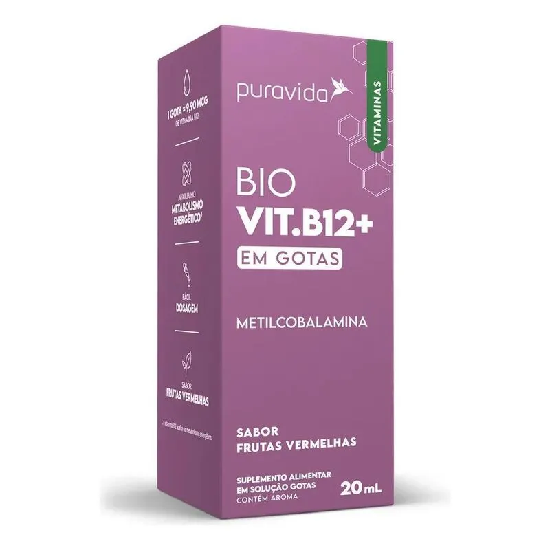 B12 Drops Metilcobalamina 20ml Sabor Frutas Vermelhas Puravi