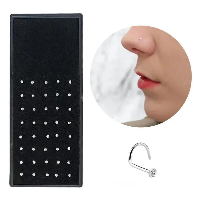 2x 40 Piercing Nostril Em Aço Para Nariz Com Pedra Strass