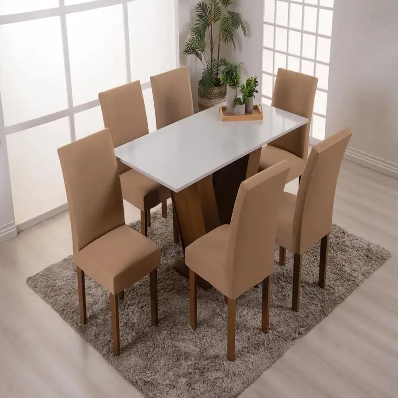 Capa De Cadeira Jantar Spandex Kit 6 Lugares Com Elást Bege