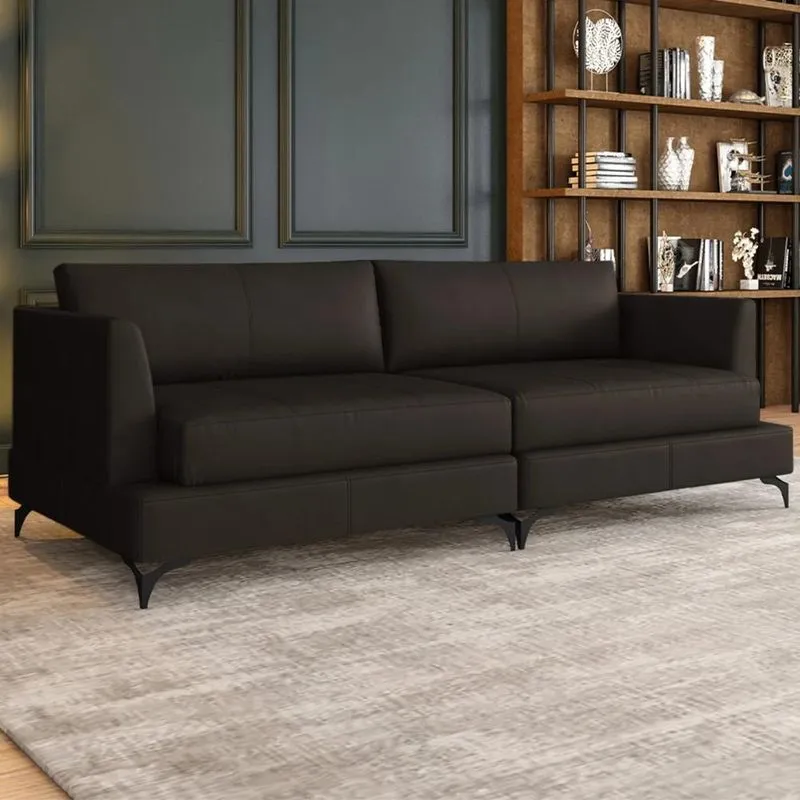 Sofá 3 Lugares Living 250cm Pé Ferro Soren Couro Marrom Z55 - Mpozenato