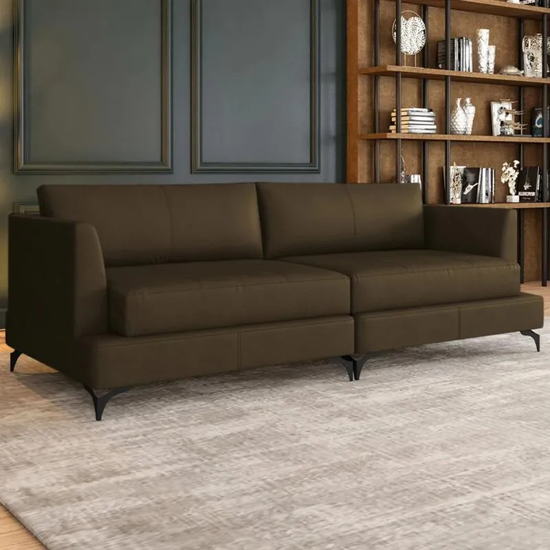 Sofá 3 Lugares Living 230cm Pé Ferro Soren Couro Capuccino Z55 - Mpozenato