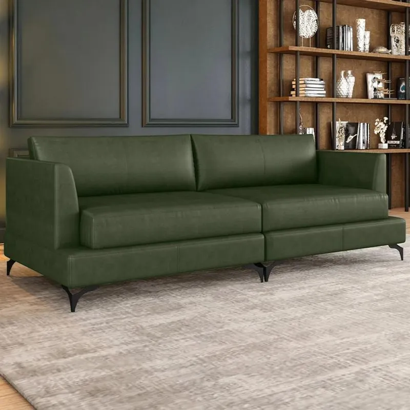 Sofá 3 Lugares Living 230cm Pé Ferro Soren Couro Verde Z55 - Mpozenato