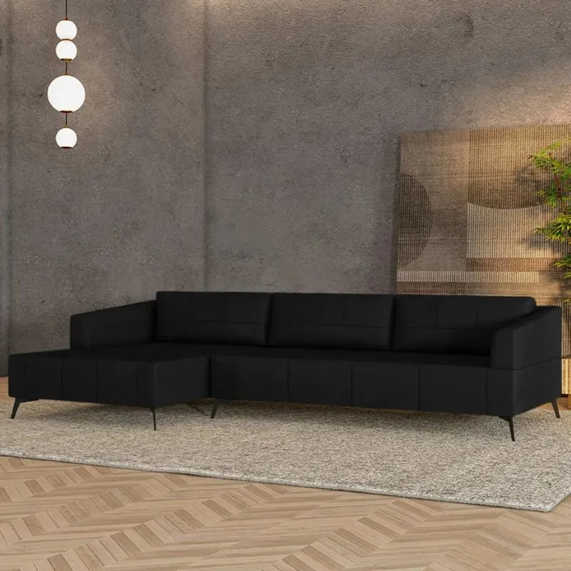 Sofá 5 Lugares 366cm Com Chaise Esquerdo Eko Couro Preto Z55 - Mpozenato