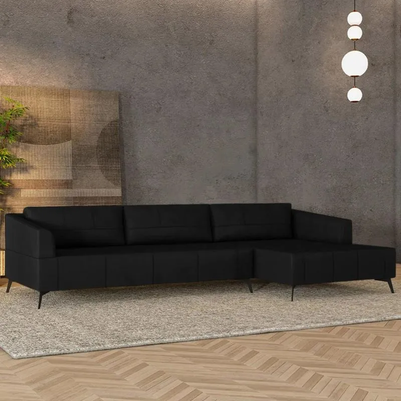 Sofá 4 Lugares 286cm Com Chaise Direito Eko Couro Preto Z55 - Mpozenato