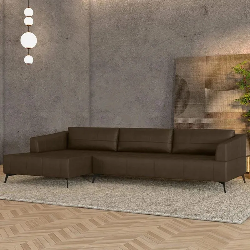 Sofá 4 Lugares 306cm Com Chaise Esquerdo Eko Couro Castanho Z55 - Mpozenato