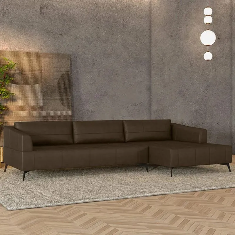 Sofá 4 Lugares 286cm Com Chaise Direito Eko Couro Castanho Z55 - Mpozenato