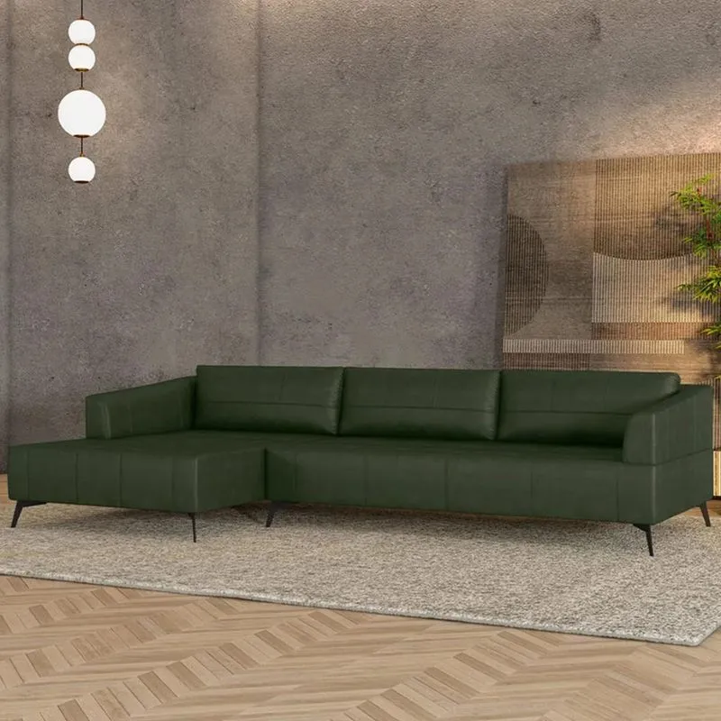 Sofá 4 Lugares 306cm Com Chaise Esquerdo Eko Couro Verde Z55 - Mpozenato