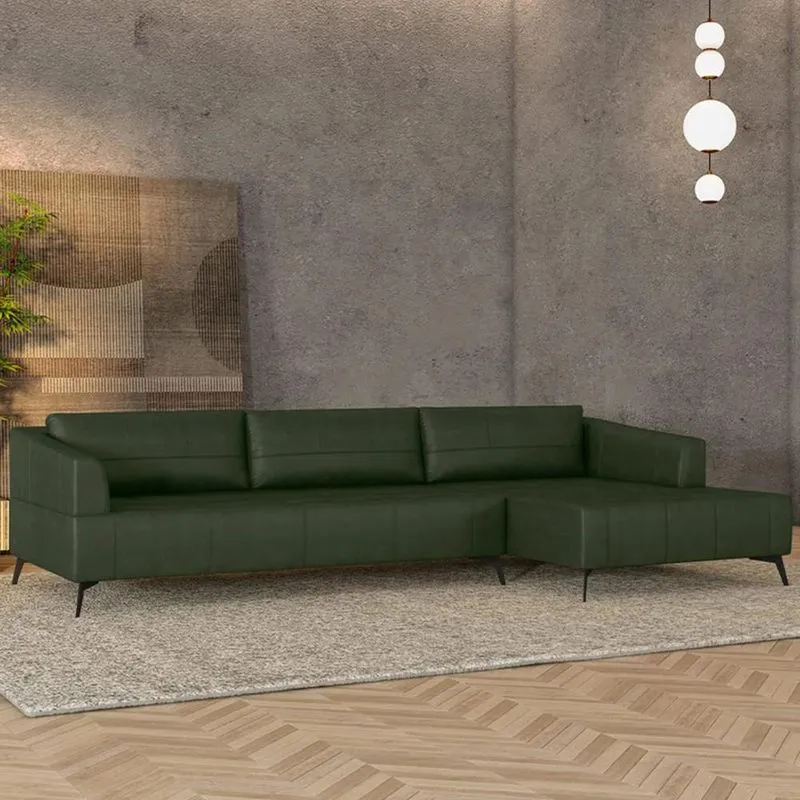 Sofá 4 Lugares 286cm Com Chaise Direito Eko Couro Verde Z55 - Mpozenato