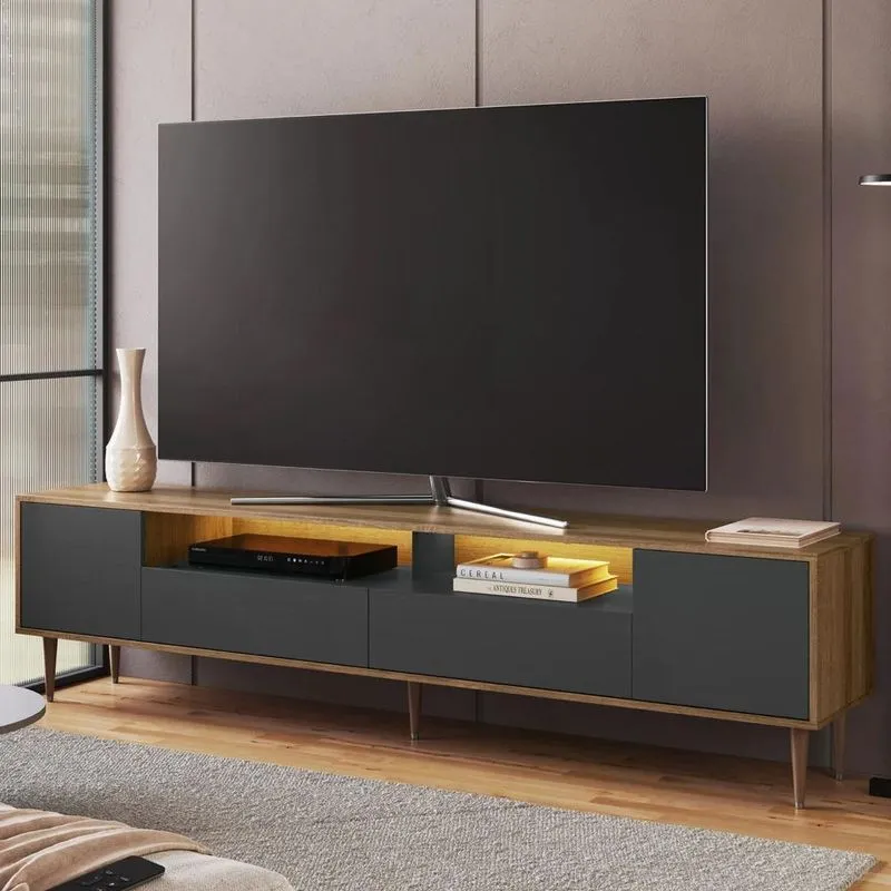 Rack Tv 75 Pol 200cm Com Led Pés Palito Caza Mel/grafite A05 - Mpozenato