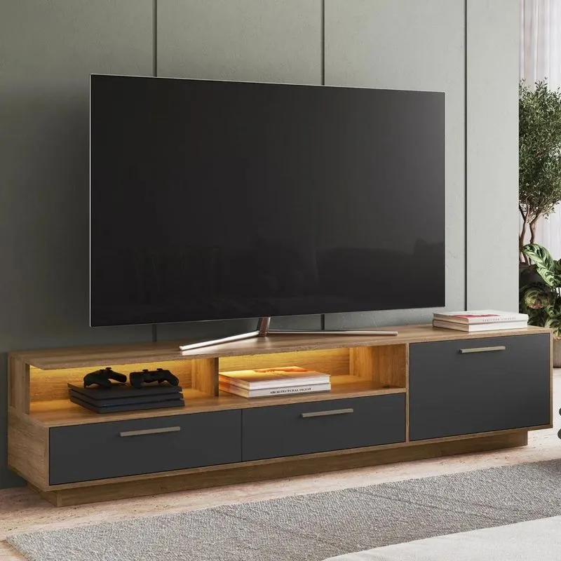 Rack Tv 75 Pol 200cm Com Led 1 Porta Sira Mel/Grafite A05 - Mpozenato
