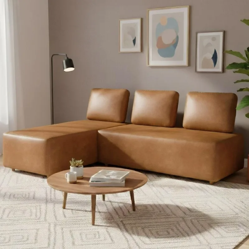 Sofá 3 Lugares Com Chaise 222cm Rovier Sintético Caramelo Z32 - Mpozenato