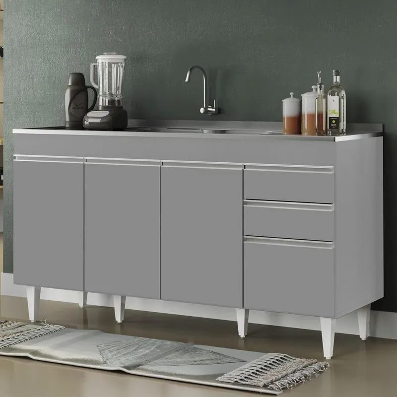 Balcão De Cozinha Com Pia Inox 150cm Marrocos Cinza - Lumil