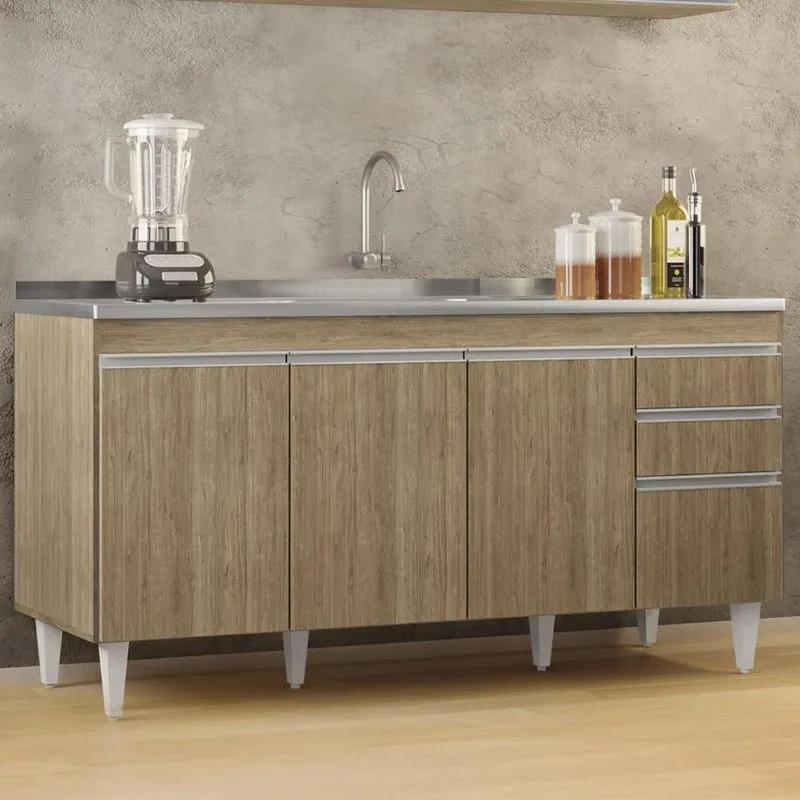 Balcão De Cozinha Com Pia Inox 160cm Arkansas Castanho - Lumil