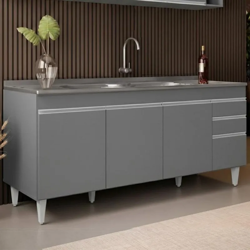 Balcão De Cozinha Com Pia Inox 180cm Dallas Cinza - Lumil