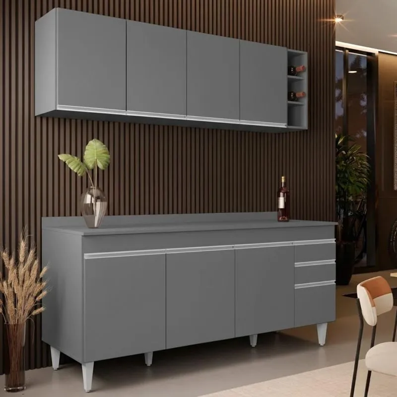 Armário Cozinha E Balcão Com Tampo 180cm Dallas Cinza - Lumil