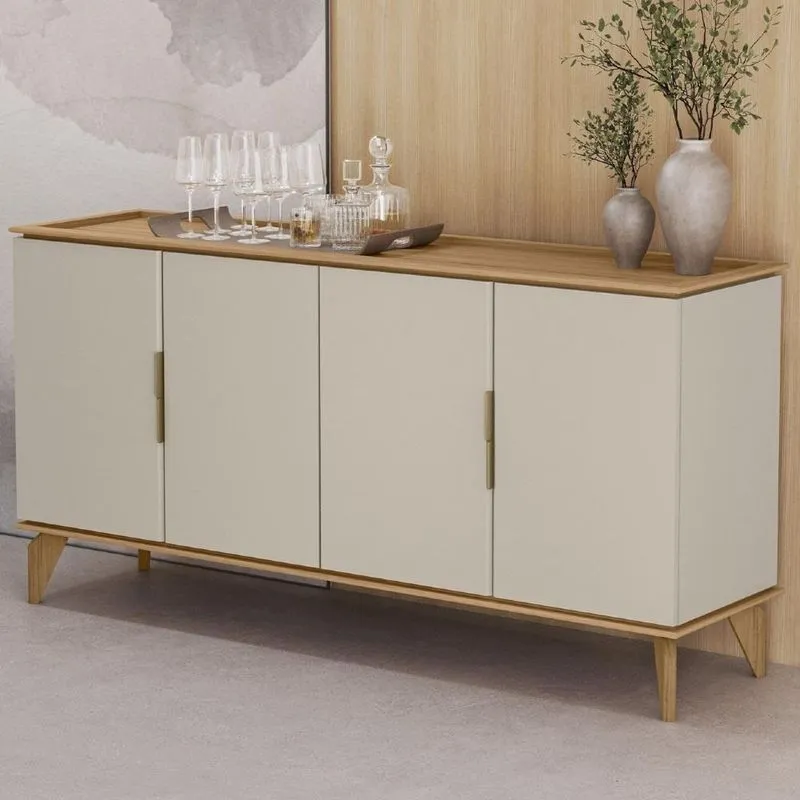 Buffet Aparador 160cm 4 Portas Pé Madeira Ozzy Jequitibá/off L06 - Mpozenato