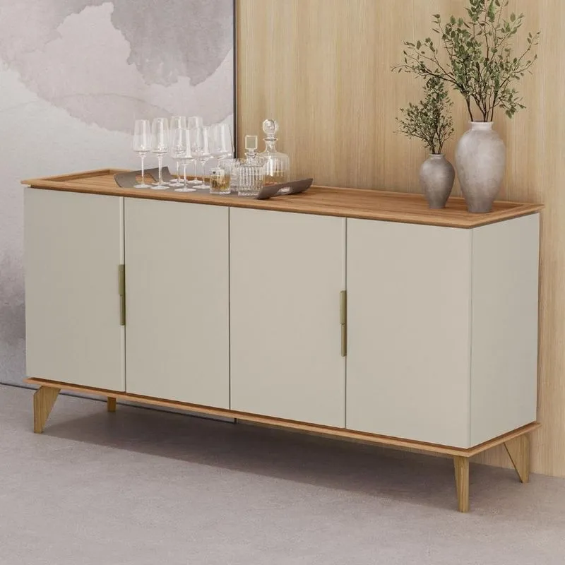 Buffet Aparador 160cm 4 Portas Pé Madeira Ozzy Canela/off L06 - Mpozenato