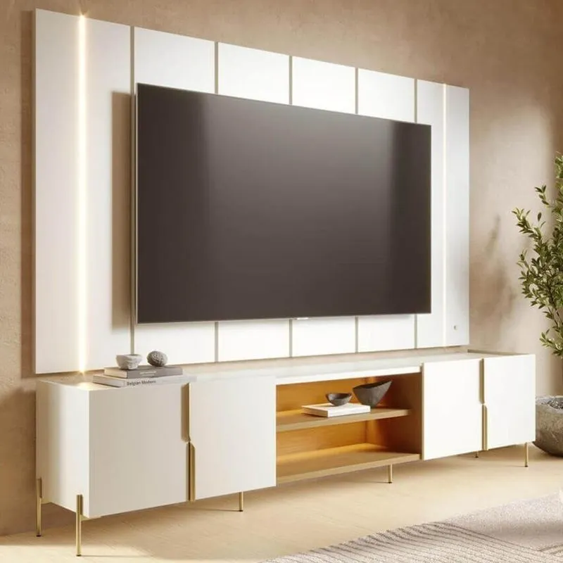 Painel Para TV E Rack Para Sala Gior 75 Pol 240cm MDF-MDP Com LED Off-Freijó Mpozenato