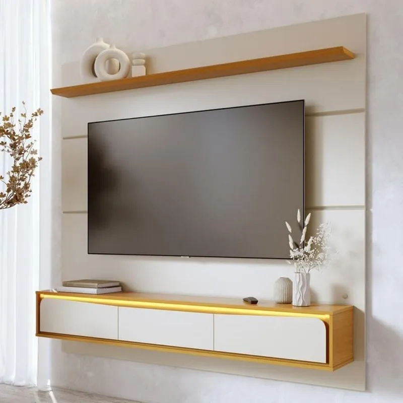 Painel Para TV Com Bancada Suspensa Tath 65 Pol 180cm MDP MDF LED Marrom Mpozenato