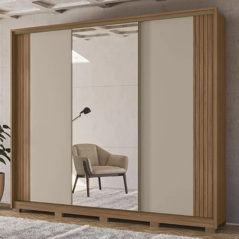 Guarda Roupa Casal Nevali Z17 3 Portas de Correr 6 Gavetas Carvalho-Fendi Mpozenato - Mpozenato