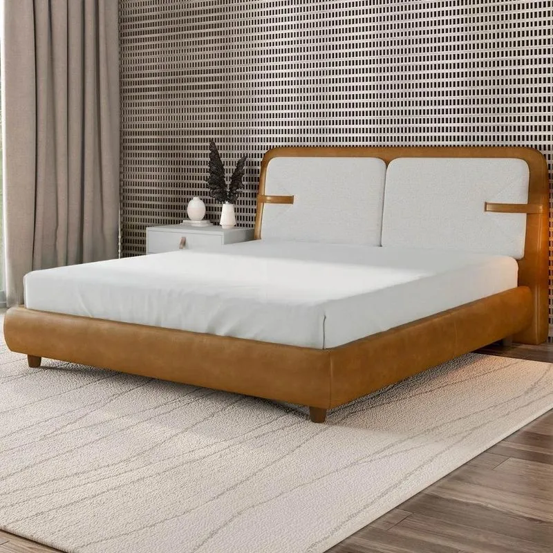 Cama King 195cm Cairo E Cabeceira Nalu Sintético Caramelo/creme Z37 - Mpozenato
