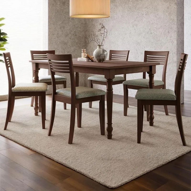 Mesa Madeira 160cm E 6 Cadeiras Rubia Linho Café F07 - Mpozenato