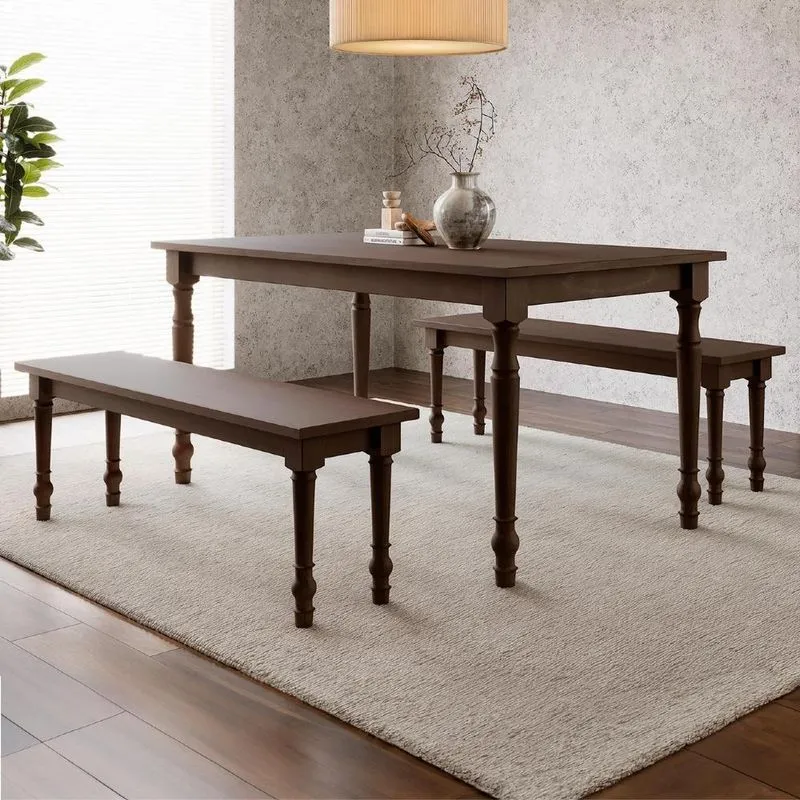Mesa Madeira 160cm E 2 Bancos 137cm Rubia Café F07 - Mpozenato