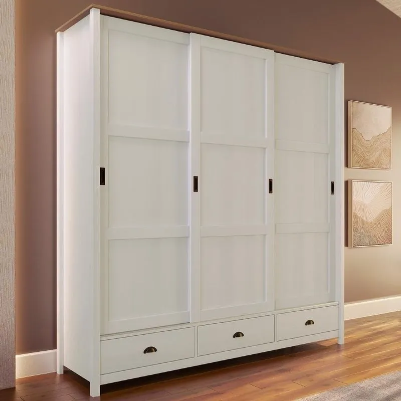 Guarda Roupa Casal Lazio 3 Portas De Correr 3 Gavetas Madeira Branco-freijó Mpozenato