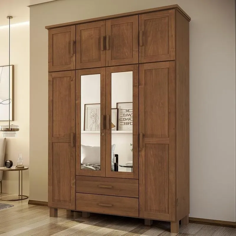 Guarda Roupa Casal Lone 8 Portas De Bater 2 Gavetas Madeira Maciça Castanho Mpozenato 158cm