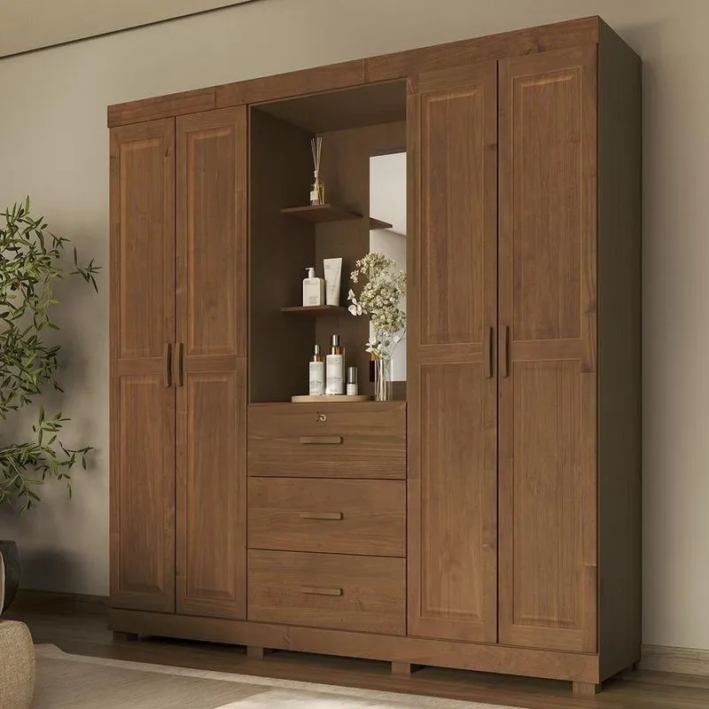 Guarda Roupa Casal Lone 4 Portas De Bater 3 Gavetas Madeira Maciça Castanho Mpozenato 183cm