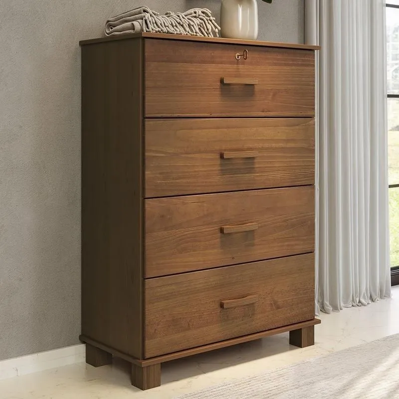 Cômoda Lone 4 Gavetas Madeira Maciça Puxador Metálico Castanho Mpozenato