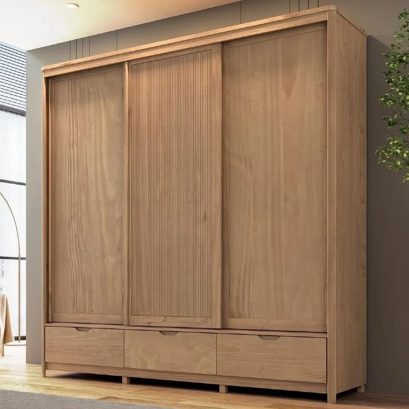 Guarda Roupa Casal Nira 3 Portas De Correr 3 Gavetas Madeira Maciça Tuari Mpozenato 221cm