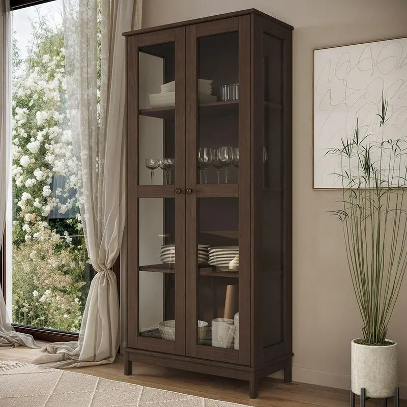 Cristaleira Porta De Vidro 80cm 1 Gaveta Madeira Maciça Vitalis Café F07 Mpozenato