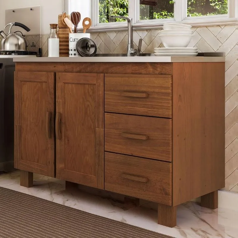 Balcão De Cozinha Com Pia 120cm 3 Gavetas Giana Castanho F07 - Mpozenato