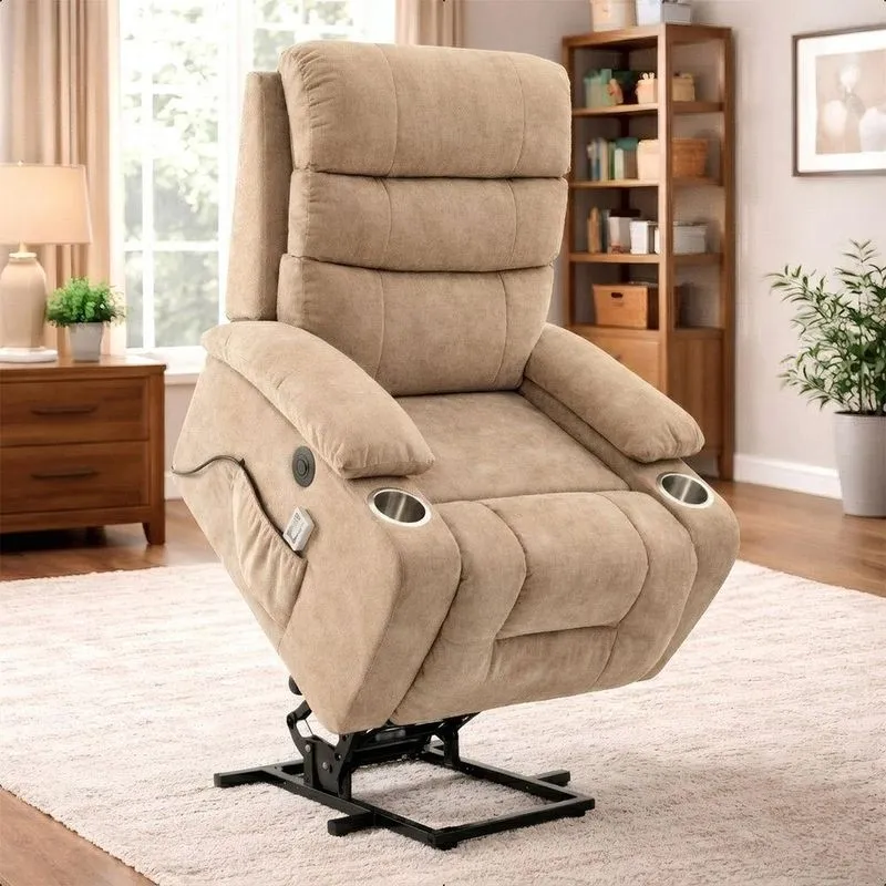 Poltrona Reclinável Elétrica Lift Com Elevação Nantes Linho Soft Bege C01 - Mpozenato