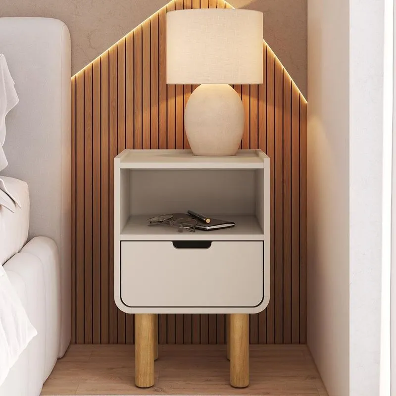 Mesa Cabeceira Quarto 40cm 1 Gaveta Pé Madeira Luara Off White A10 - Mpozenato