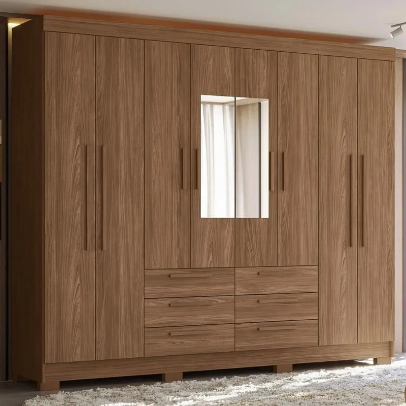 Guarda Roupa Casal Valenza S01 8 Portas de Bater 6 Gavetas MDP com Espelho Marrom Jatobá Mpozenato