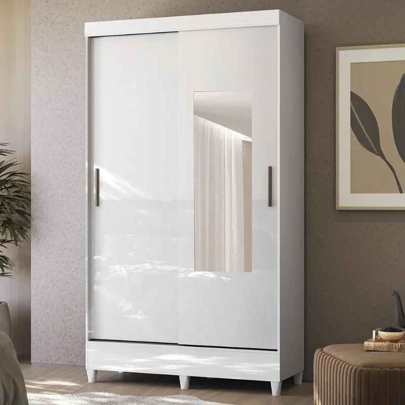 Guarda Roupa Solteiro Thales S01 2 Portas de Correr 2 Gavetas MDP com Espelho Branco Mpozenato