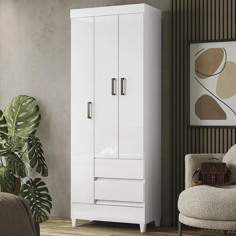 Guarda Roupa Solteiro Thales S01 3 Portas de Bater 2 Gavetas MDP Branco Mpozenato 70CM