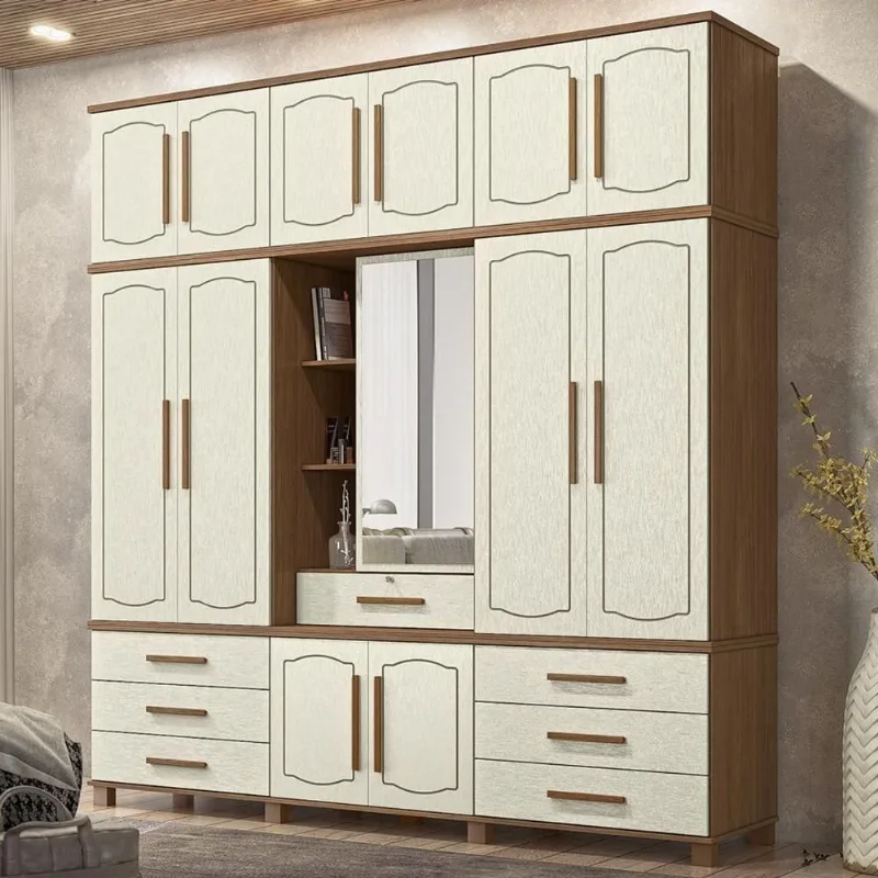 Guarda Roupa Casal Tóquio 13 Portas de Bater 7 Gavetas MDF-MDP com Espelho Jatobá-areia Mpozenato