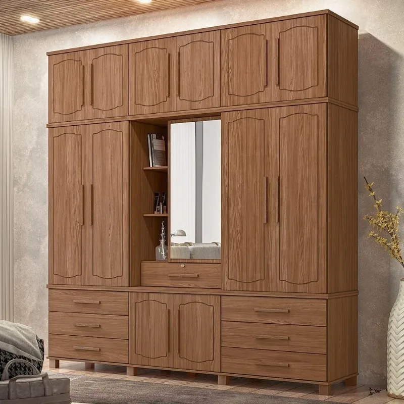Guarda Roupa Casal Tóquio S01 13 Portas de Bater 7 Gavetas MDF MDP com Espelho Jatobá Mpozenato