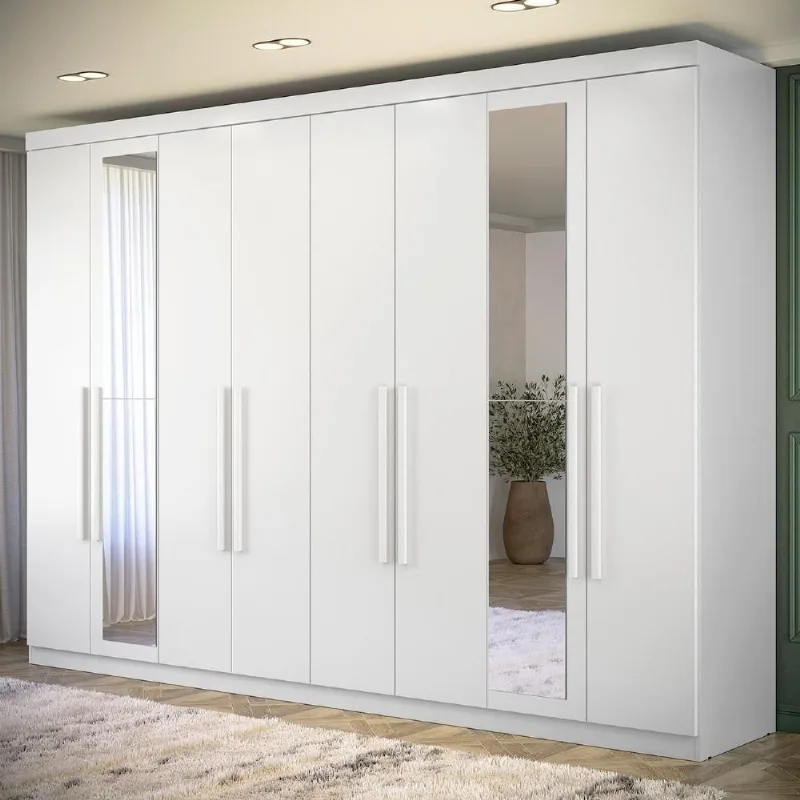 Guarda Roupa Casal Vortex S01 8 Portas de Bater 4 Gavetas MDP com Espelho Branco Mpozenato 239CM